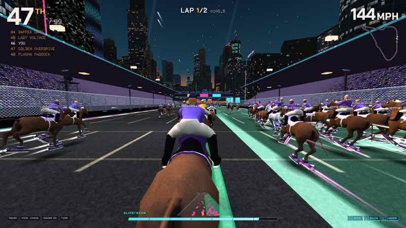 A race in Cyberhorse: the pack of horses and jockeys on hover sleds, on a floodlit straight through a city at night.