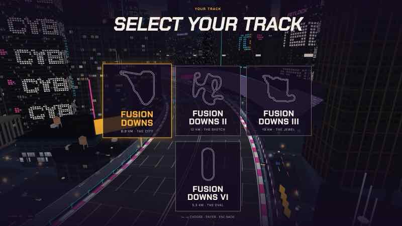 Cyberhorse's track select: four circuits drawn as outlines over the city.